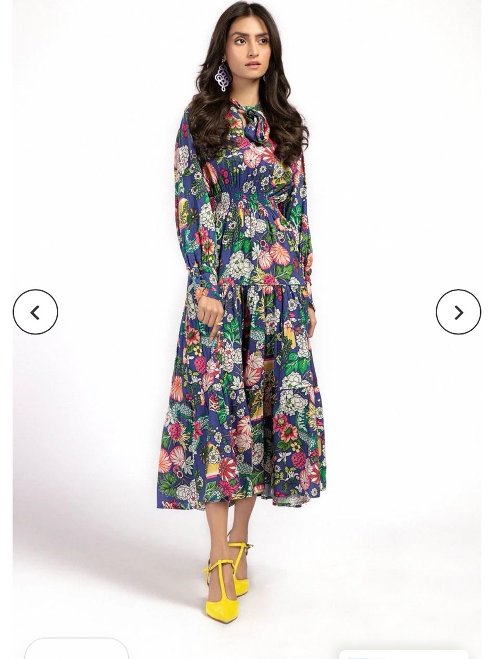 Maria B digital printed floral shirt dress boho smocked waist tiered S NWT